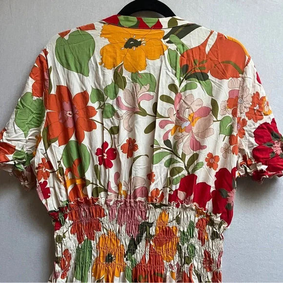 Zara Floral Smocked Waist Midi Dress Button Front XL - Picture 4 of 12